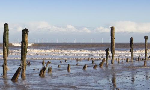 Remnants of a pier sticking out of the sea shore with wind turbines in the distance
