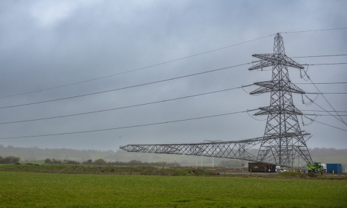 Felling of a temporary electricity pylon north of Bridgwater, Somerset