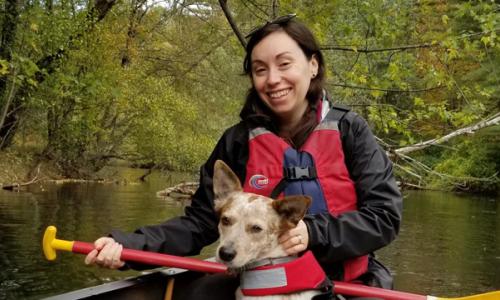 Photo of National Grid US's Sarah Basham and her dog for Green Collar Jobs story