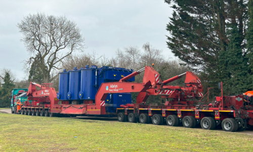 A transformer on a 8.8 metre long transporting vehicle
