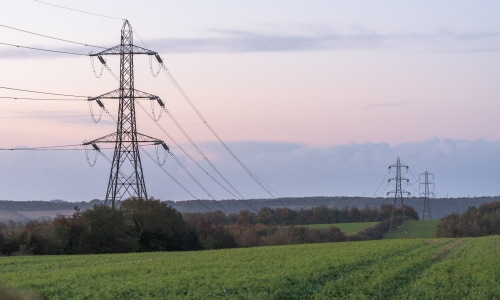 Photo of three National Grid pylons running across Cleeve Hill in the Cotswolds National Landscape