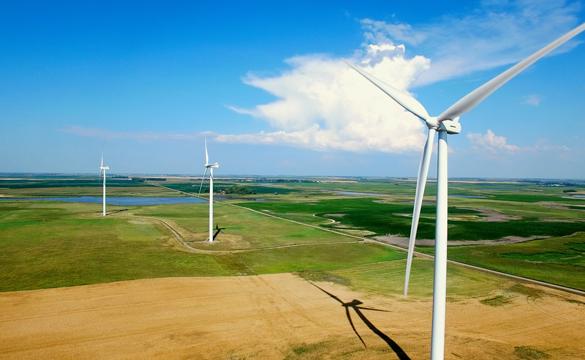 Aerial view of wind turbines on the prairie used for National Grid Renewables story