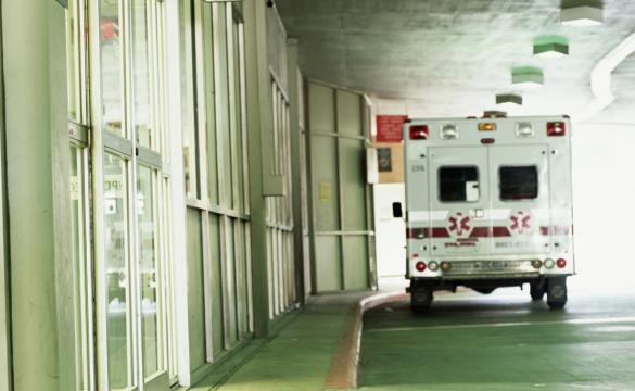 Back of a US ambulance parked outside sliding doors - used for the National Grid story 'Lending a helping hand during the COVID-19 crisis'