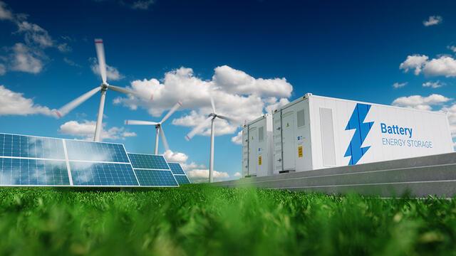 EnergyExplained_FutureElectricitySupply_640x360.jpg Solar panels, wind turbines and battery storage set against a blue sky with clouds