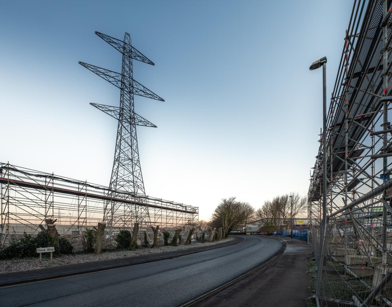 Avonmouth pylons.jpg Preparations for stringing of new electricity overhead lines to new pylons along a road