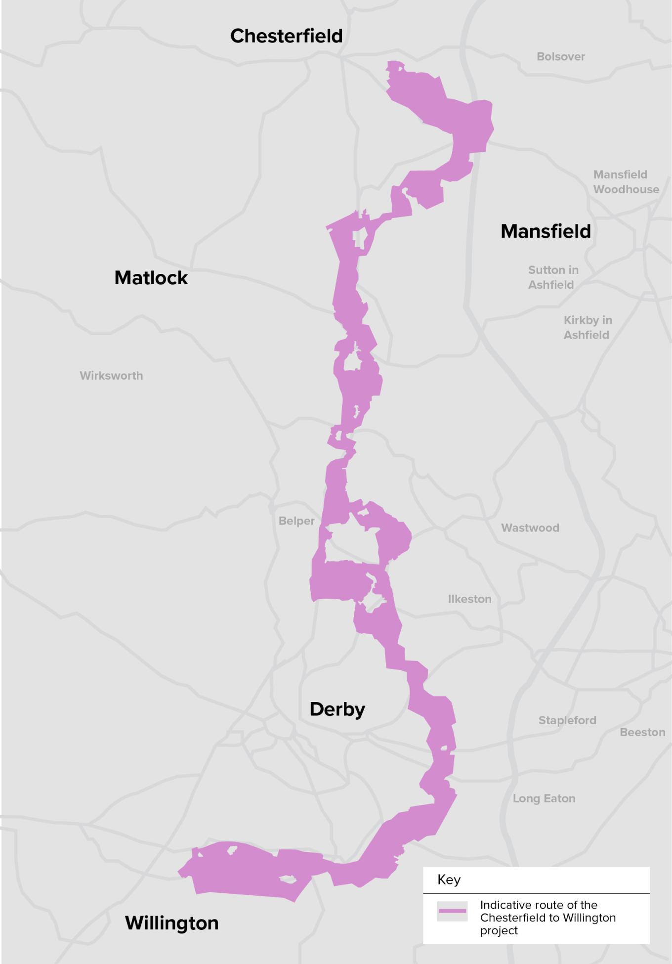Chesterfield to Willington route.jpg Emerging Preferred Corridor route of the Chesterfield to Willington project